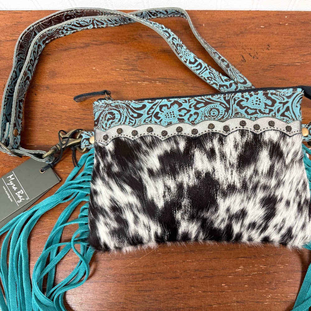 Myra Bag Cross body Handbag Black White Leather Hide w/Turquoise Fringe, NWT